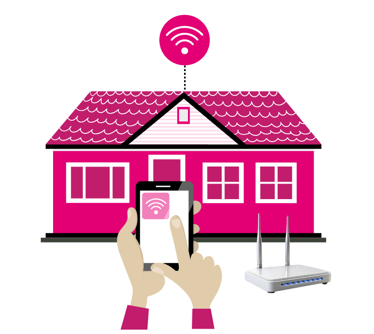 Best Aussie NBN Plans on Sale - Pink-colored house with WiFi signal above, showing a phone in use and a nearby modem, representing affordable, high-quality internet plans.